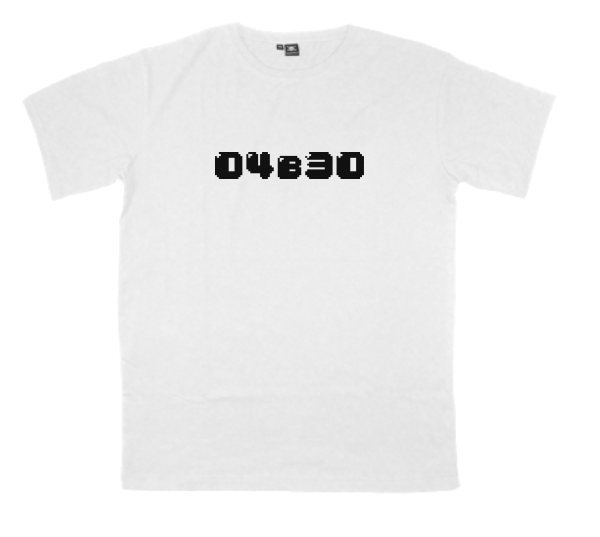 04b30 printed on a t-shirt