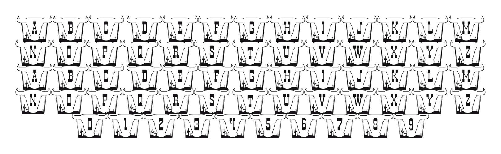 101-Fancy-Texan-Style: every letter, A to Z and a to z, and the numbers 0 to 9