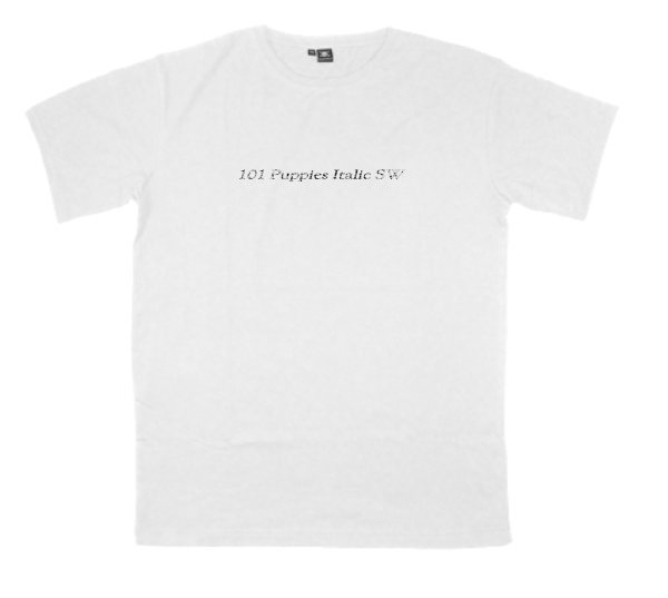 101-Puppies-Italic-SW printed on a t-shirt