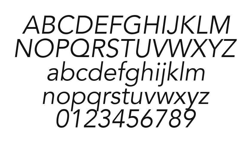 12-Avenir-45-BookOblique-83173: every letter, A to Z and a to z, and the numbers 0 to 9