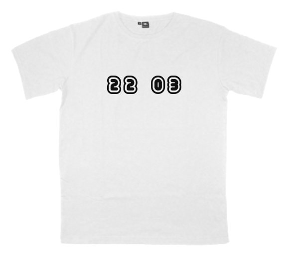 22-03 printed on a t-shirt