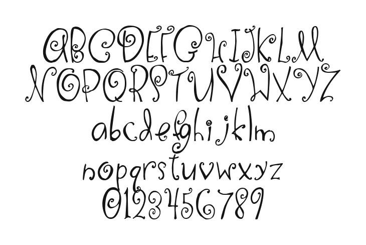 2Peas-DW-Curls-and-Swirls: every letter, A to Z and a to z, and the numbers 0 to 9