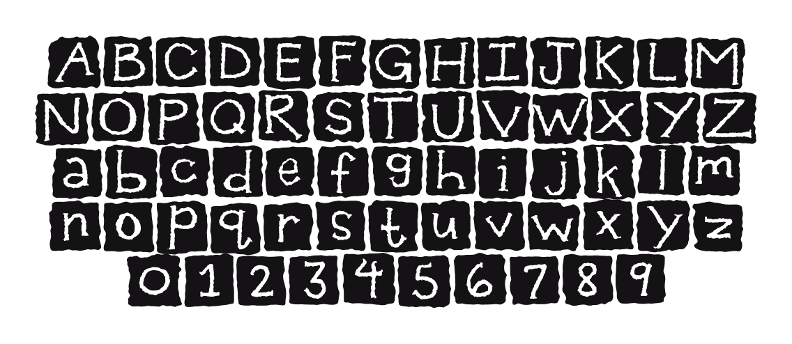 2Peas-Distressed: every letter, A to Z and a to z, and the numbers 0 to 9