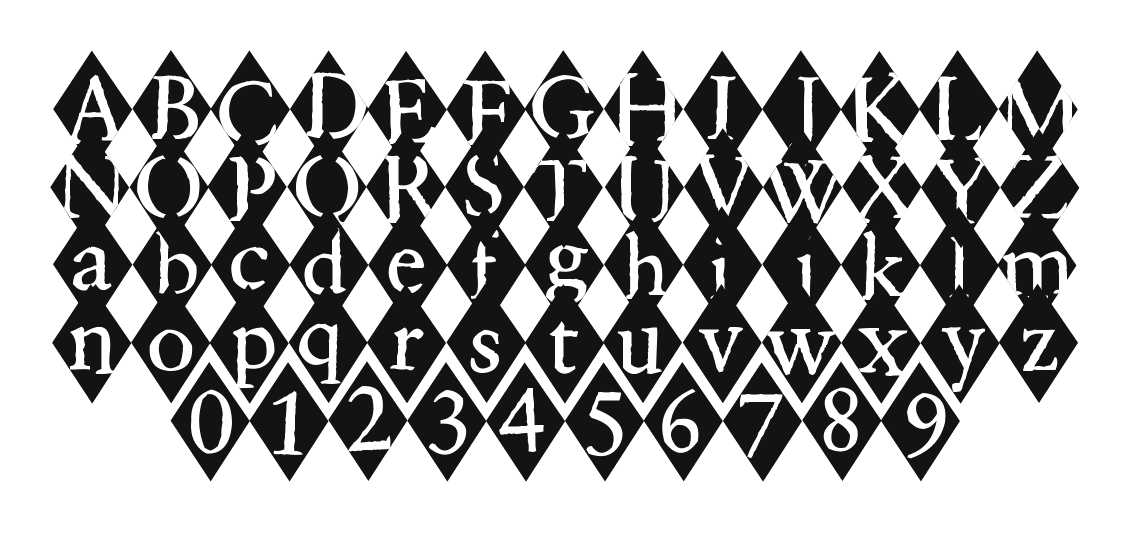 2Peas-Harlequin: every letter, A to Z and a to z, and the numbers 0 to 9
