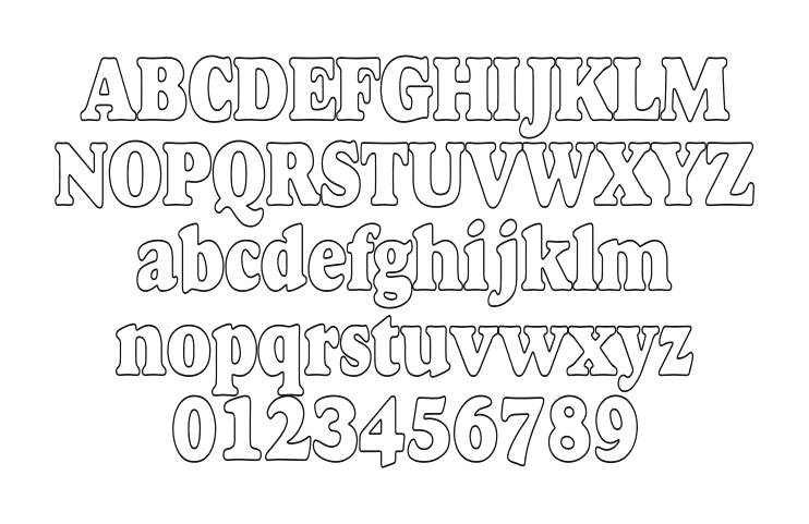 Alfredo-Heavy-Hollow-Condensed: every letter, A to Z and a to z, and the numbers 0 to 9