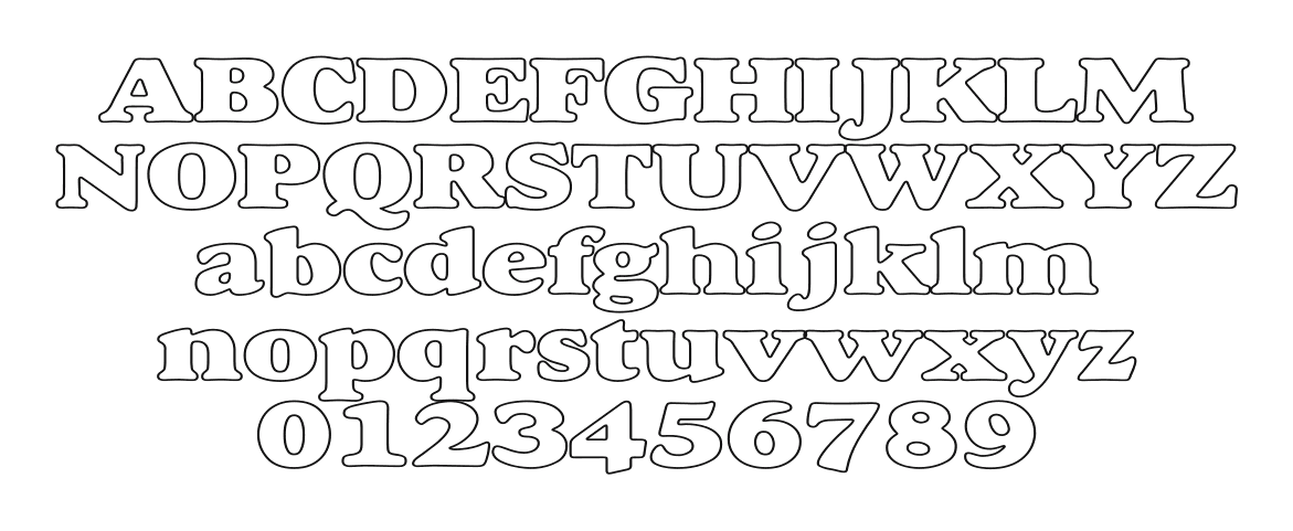 Alfredo-Heavy-Hollow-Wide: every letter, A to Z and a to z, and the numbers 0 to 9