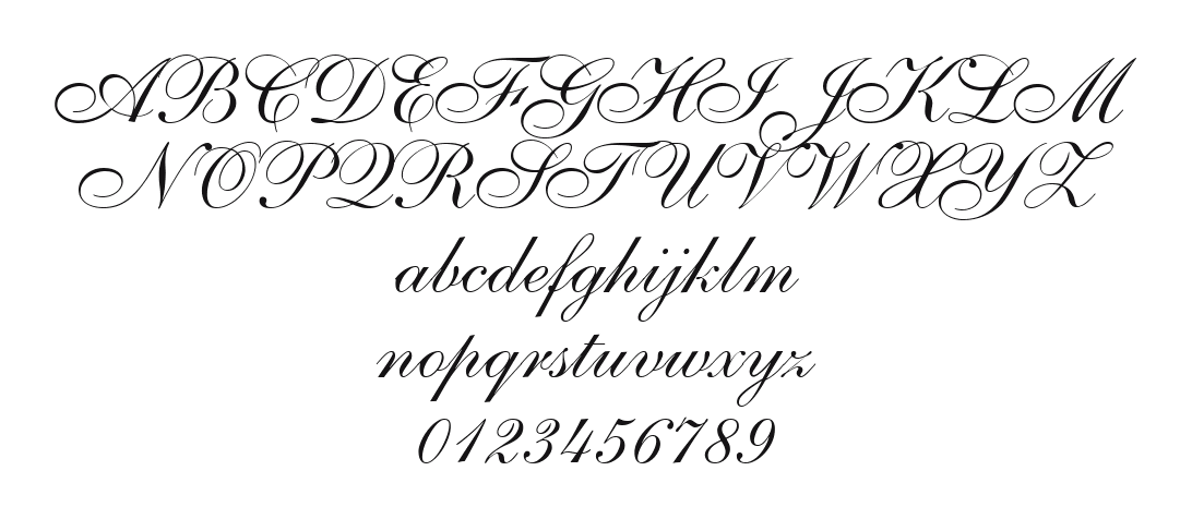 Allegretto-Script-One: every letter, A to Z and a to z, and the numbers 0 to 9