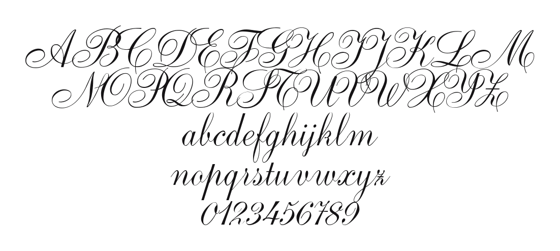 Ambassador-Script: every letter, A to Z and a to z, and the numbers 0 to 9