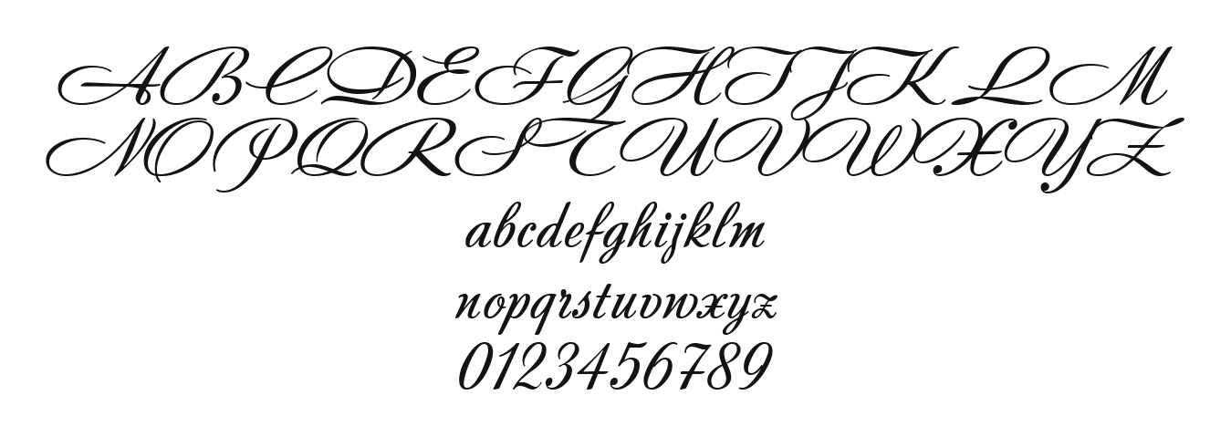Andantino-script: every letter, A to Z and a to z, and the numbers 0 to 9