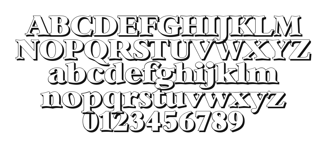 AndrewBeckerShadow-Heavy-Regular: every letter, A to Z and a to z, and the numbers 0 to 9