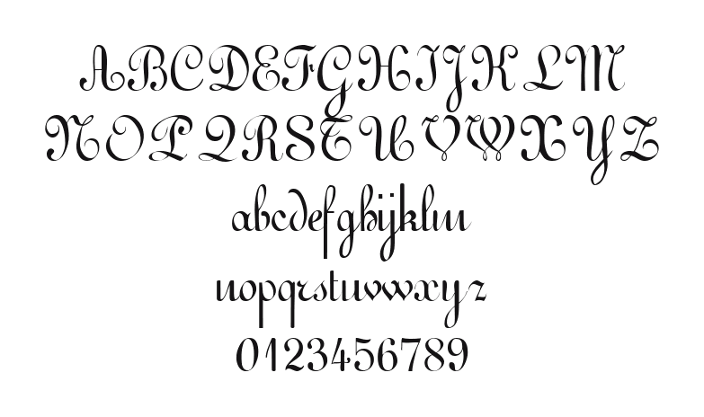 ArabescoScript: every letter, A to Z and a to z, and the numbers 0 to 9