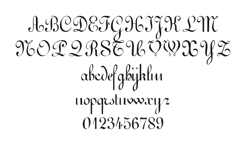 ArabescoScriptSSK-Regular: every letter, A to Z and a to z, and the numbers 0 to 9