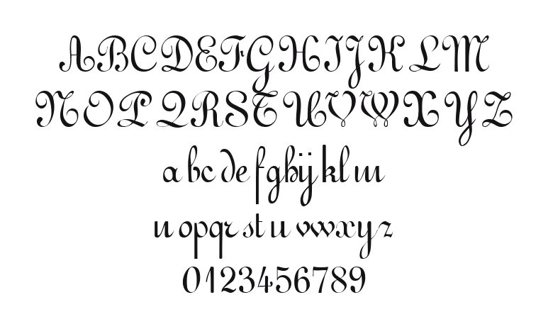 ArabescoScriptSSK: every letter, A to Z and a to z, and the numbers 0 to 9