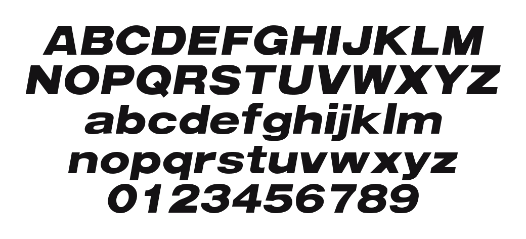 ArenaBlackExtended-Italic: every letter, A to Z and a to z, and the numbers 0 to 9