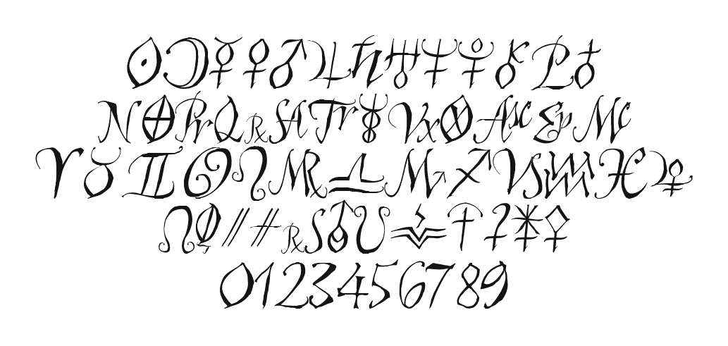 AstroScript: every letter, A to Z and a to z, and the numbers 0 to 9