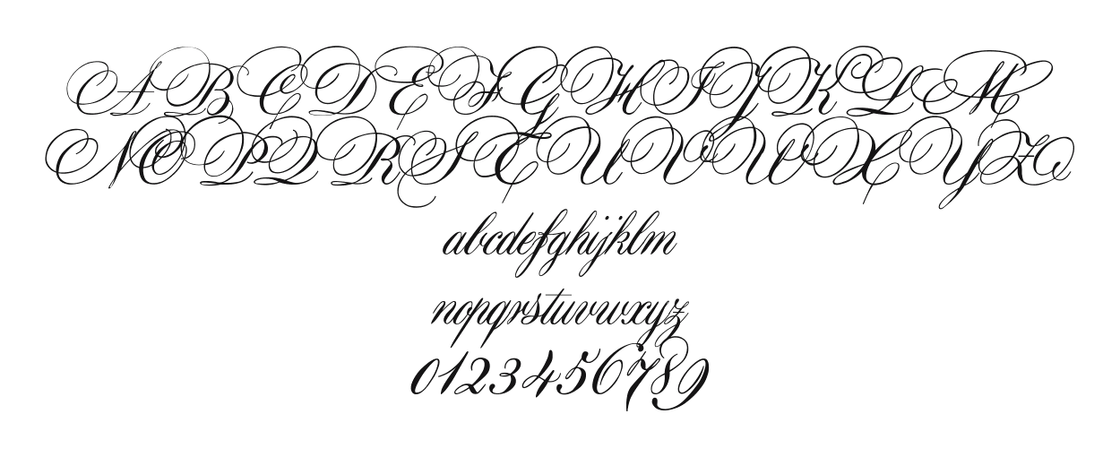 Aurora-Script: every letter, A to Z and a to z, and the numbers 0 to 9