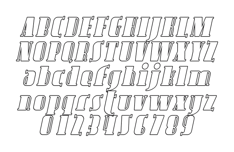 Avondale-Outline-Italic: every letter, A to Z and a to z, and the numbers 0 to 9