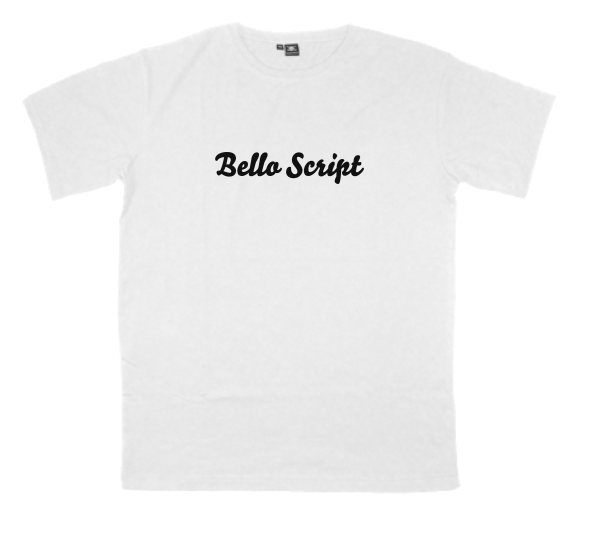 Bello-Script printed on a t-shirt