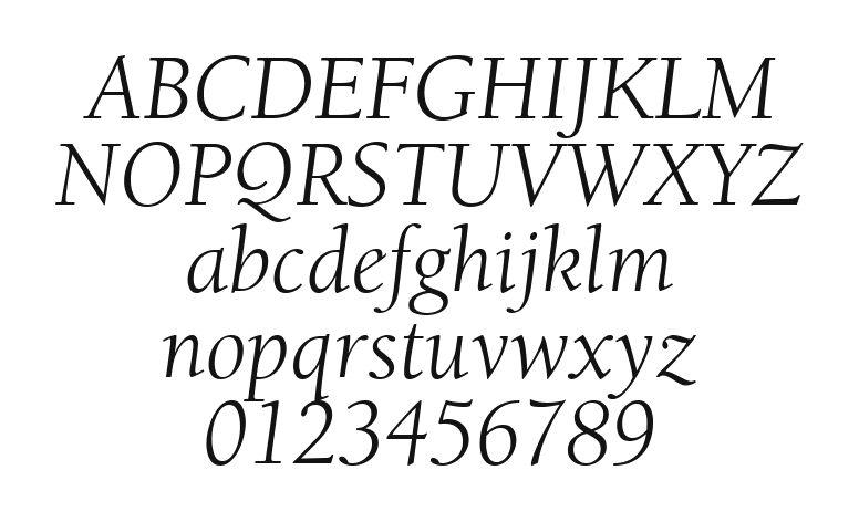 Berkeley-Retrospective-Book-SSi-Book-Italic: every letter, A to Z and a to z, and the numbers 0 to 9