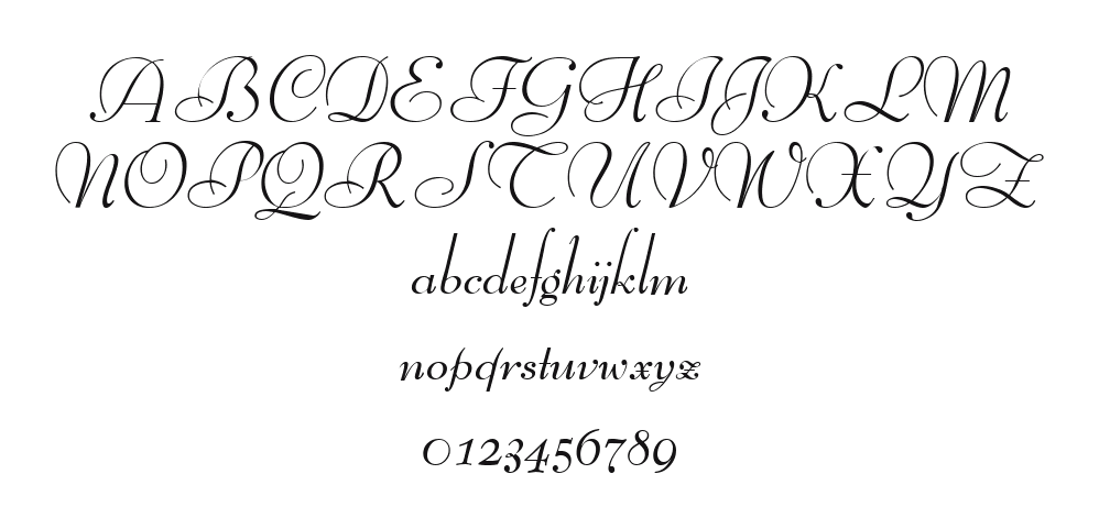 BernhardScript-Regular: every letter, A to Z and a to z, and the numbers 0 to 9