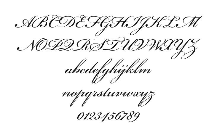 Bickham-Script-Itc: every letter, A to Z and a to z, and the numbers 0 to 9