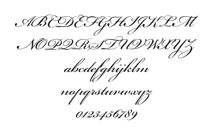 Bickham-Script: every letter, A to Z and a to z, and the numbers 0 to 9