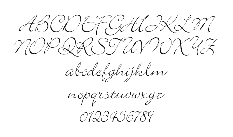 Bickley-Script: every letter, A to Z and a to z, and the numbers 0 to 9