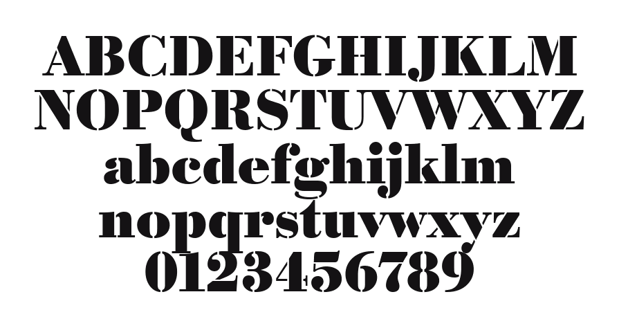 Bodoni_Becker_Stencil_Bold: every letter, A to Z and a to z, and the numbers 0 to 9