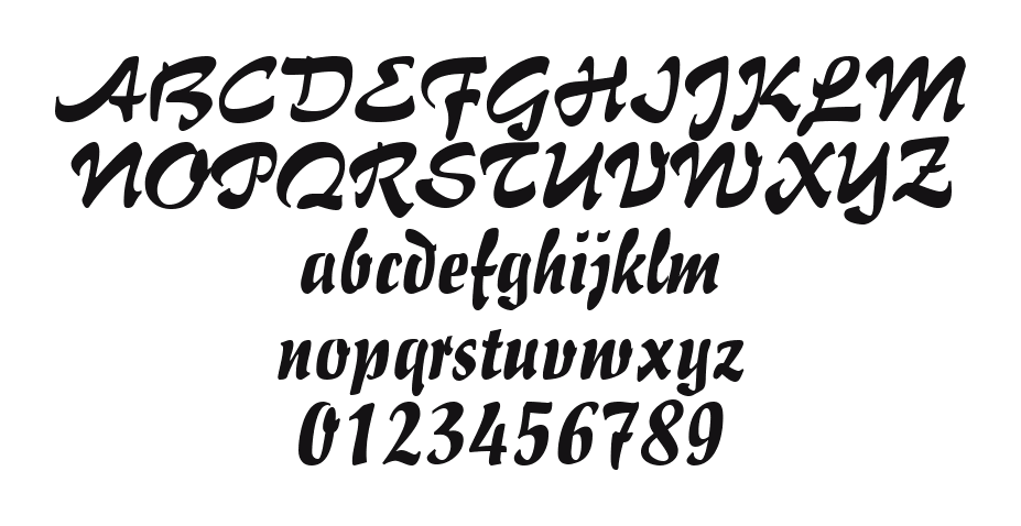 Brush-Flair-Regular: every letter, A to Z and a to z, and the numbers 0 to 9