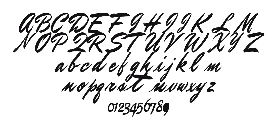 Brush-Regular-ttstd: every letter, A to Z and a to z, and the numbers 0 to 9