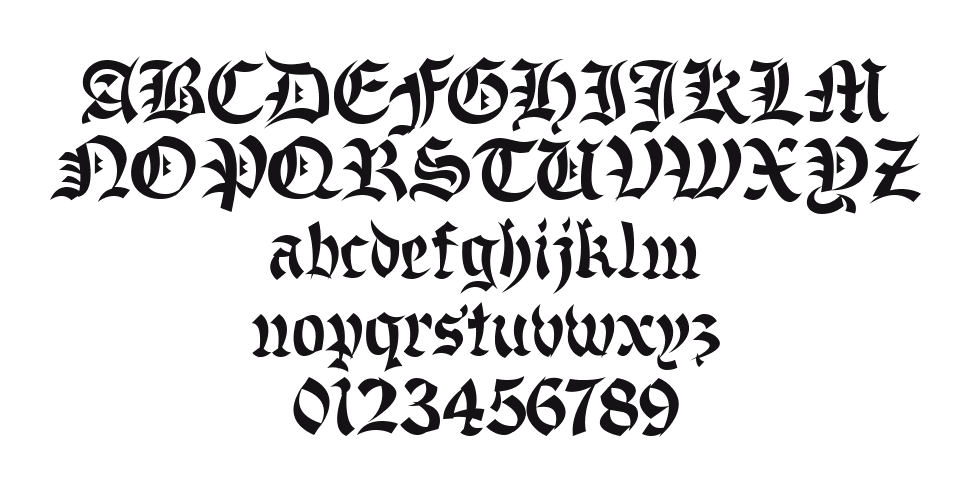 Chinese-Gothic: every letter, A to Z and a to z, and the numbers 0 to 9