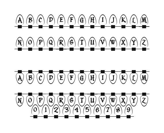 Christmas-Lights-Indoor: every letter, A to Z and a to z, and the numbers 0 to 9