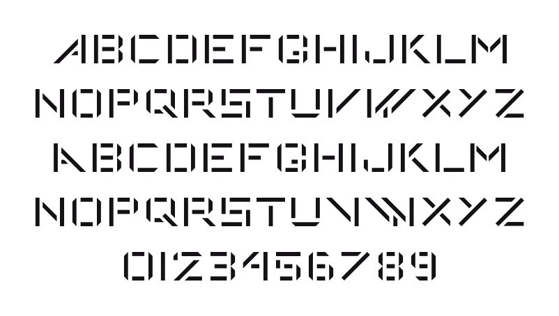 DeStijl-Stencil 2: every letter, A to Z and a to z, and the numbers 0 to 9