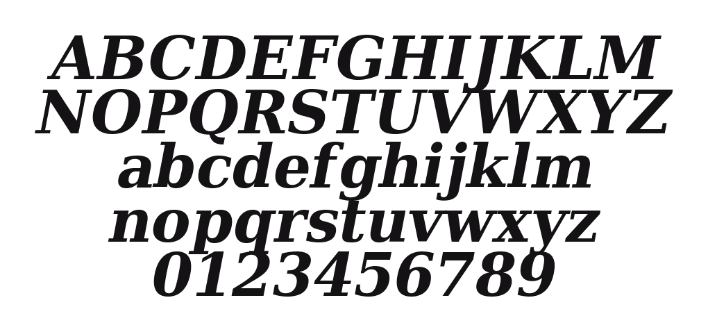 DejaVu-Serif-Compressed-BoldOblique: every letter, A to Z and a to z, and the numbers 0 to 9