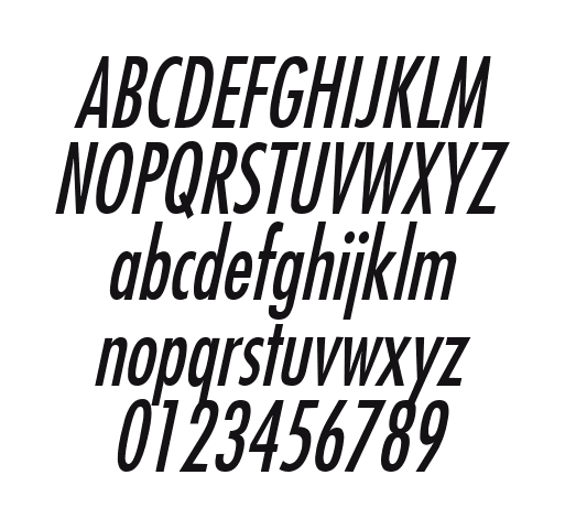 Fuji-Condensed-Italic 2: every letter, A to Z and a to z, and the numbers 0 to 9