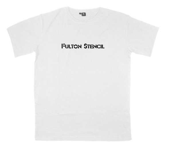 Fulton-Stencil printed on a t-shirt