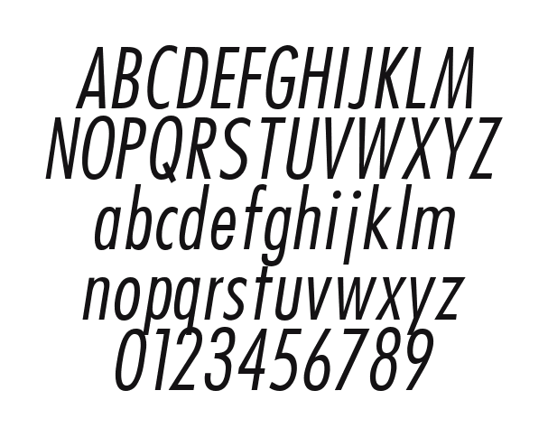 Futura-Condensed-Italic 2: every letter, A to Z and a to z, and the numbers 0 to 9