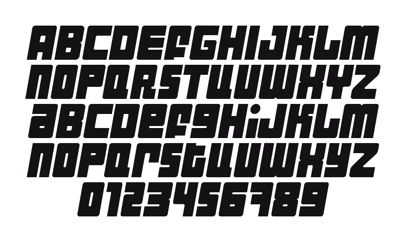 Industrial-Decapitalist-Italic: every letter, A to Z and a to z, and the numbers 0 to 9
