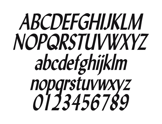 Lynda-Condensed-Bold-Italic 2: every letter, A to Z and a to z, and the numbers 0 to 9