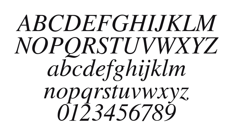 NimbusRomNo9L-Italic: every letter, A to Z and a to z, and the numbers 0 to 9
