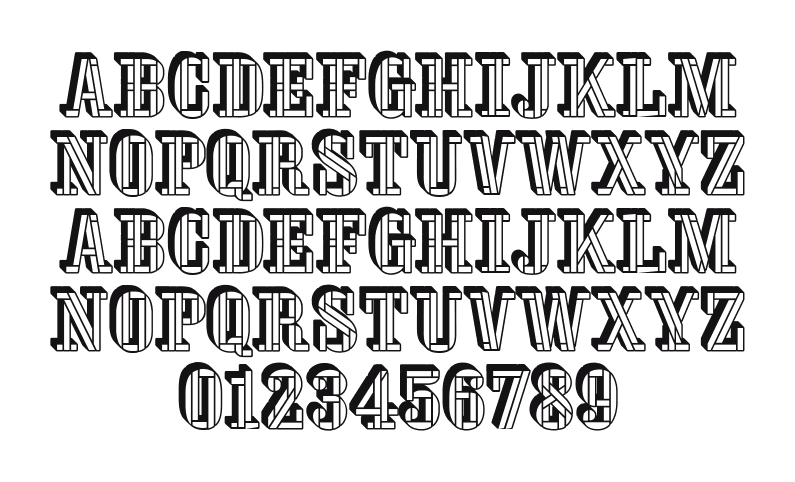 Oaktag-3D: every letter, A to Z and a to z, and the numbers 0 to 9