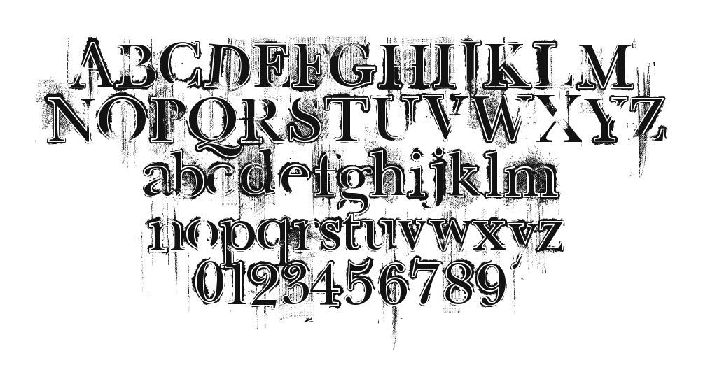 Retro-Rock-Poster: every letter, A to Z and a to z, and the numbers 0 to 9