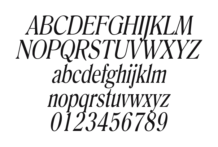 Roomy-Condensed-Italic 2: every letter, A to Z and a to z, and the numbers 0 to 9