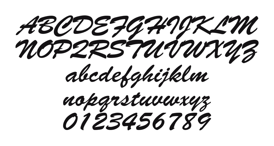 Spray-Script: every letter, A to Z and a to z, and the numbers 0 to 9