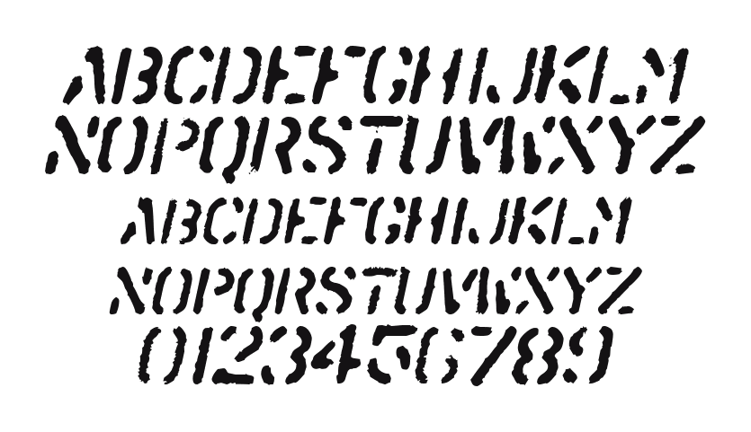 SprayStencil-Oblique: every letter, A to Z and a to z, and the numbers 0 to 9