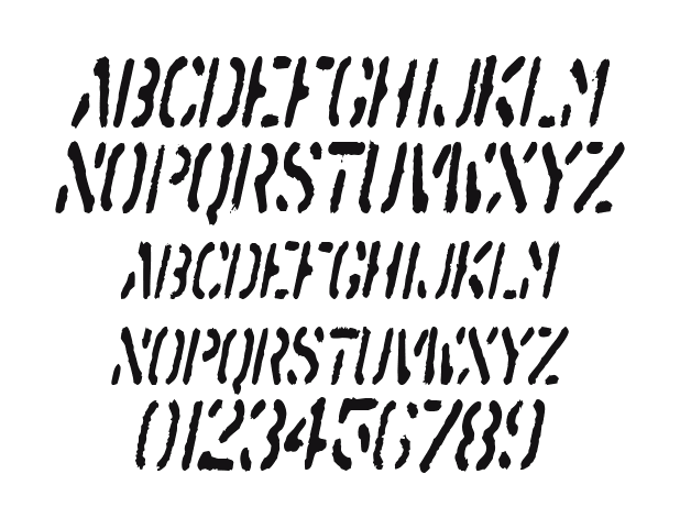 SprayStencilCondensed-Oblique: every letter, A to Z and a to z, and the numbers 0 to 9