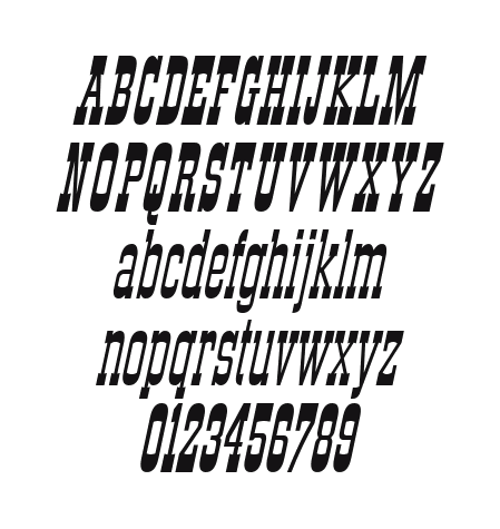StagecoachCondensed-Italic: every letter, A to Z and a to z, and the numbers 0 to 9