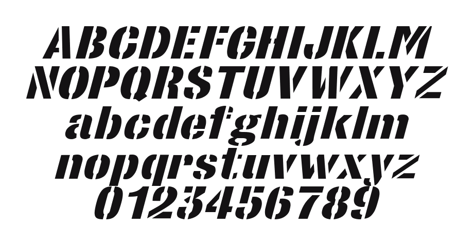 StencilSans-Extrabold-Italic: every letter, A to Z and a to z, and the numbers 0 to 9