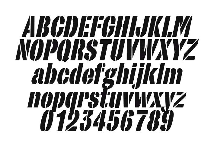 StencilSet-BlackOblique: every letter, A to Z and a to z, and the numbers 0 to 9