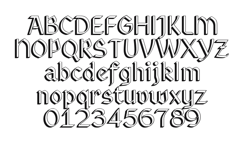 Westgothic: every letter, A to Z and a to z, and the numbers 0 to 9